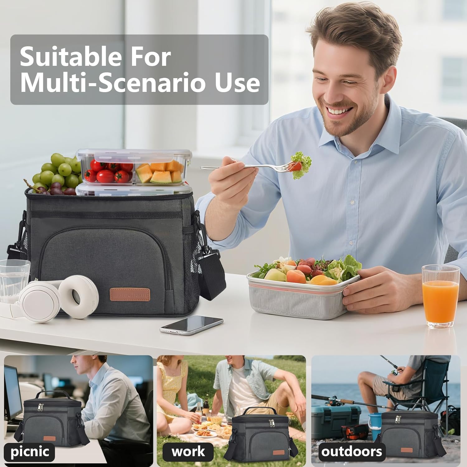 Joingo Insulated Lunch Bag for Women/Men - Reusable Lunch Box for Office Picnic Hiking Beach - Leakproof Cooler Tote Bag Organizer with Adjustable Shoulder Strap for Adults - Black